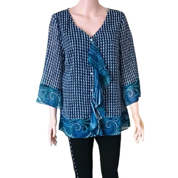 Share Isaac Mizrahi Paisley Ruffle Top S Black & Blue Button Up Sheer Lined Blou - Picture 1 of 10